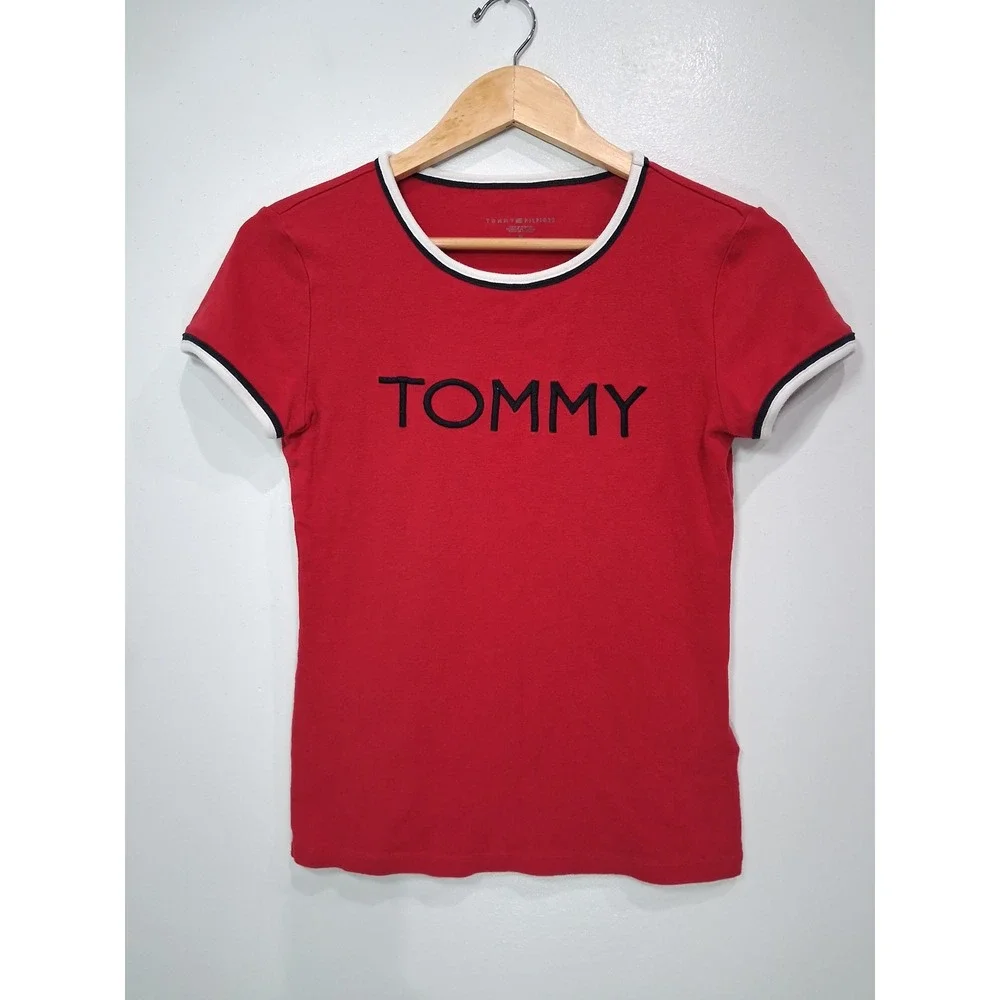 Tommy Hilfiger Y2K Womens Red Embroidered Logo Ringer T-Shirt‎ Med Short Sleeve